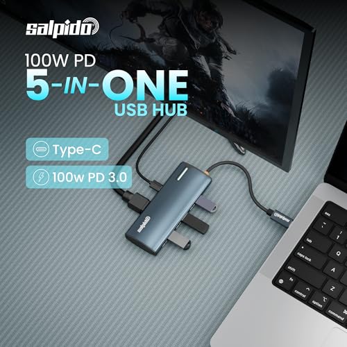 Image of SAL-DS-15H 5-in-1 Type-C USB Hub Adapter with USB 3.0x3, 4K HDMI Output, 100W PD Charging, 5Gbps Data Transfer, LED Indicator, Aluminium Alloy Build, Plug & Play for Laptops /Tablets