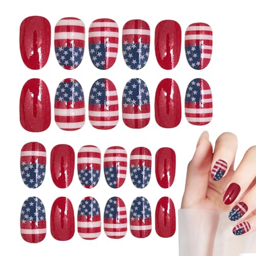 Prensa en las uñas: decoraciones de manicura con uñas postizas ligeras | 24 piezas del Día de la Independencia Americana Push On Nail Set, Forma Redonda Corta Diseño de Bandera Patriótica