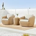 CHITA 3 Pieces Patio Wicker Furniture Set, Outdoor Rattan Bistro Set with Removable Thickened Cushions, Fully Assembled(Beige Cushions with Light Brown Wicker)