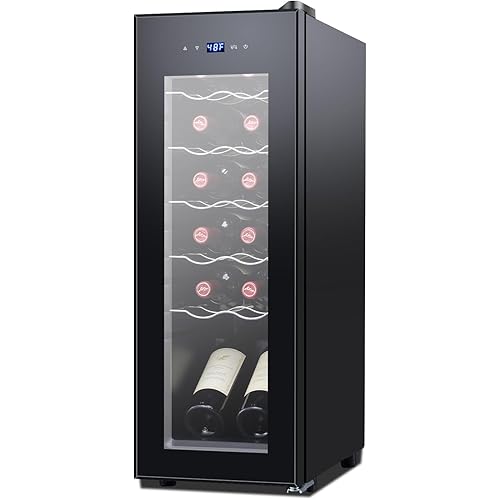 12 Bottle Wine Fridge,Freestanding Stainless Steel Wine Cooler Refrigerator,Wine cellar For Red&White Wine,Small Wine Cooler 41°-64°F Digital Temperature Control Glass Door For Bar,Home Black