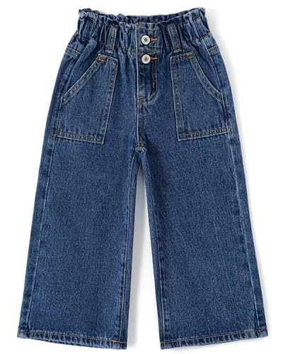 Image of KIDSCOOL SPACE Baby Girls Jeans,Toddler Elastic Waist with D-Ring Slant Pockets Wide-Leg Denim Pants