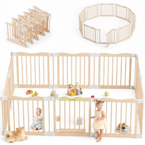Image of Foldable Wooden Playpen, Natural Pine, 79 x 53 x 24 inches