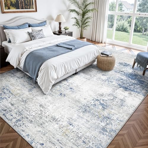Image of 8x10 Area Rugs, Abstract Modern Ultra Soft Washable Rug, Non Slip Carpet with Rubber Back Stain Resistance Rugs for Living Room, Bedroom, Dining Room Decor(Blue & White)