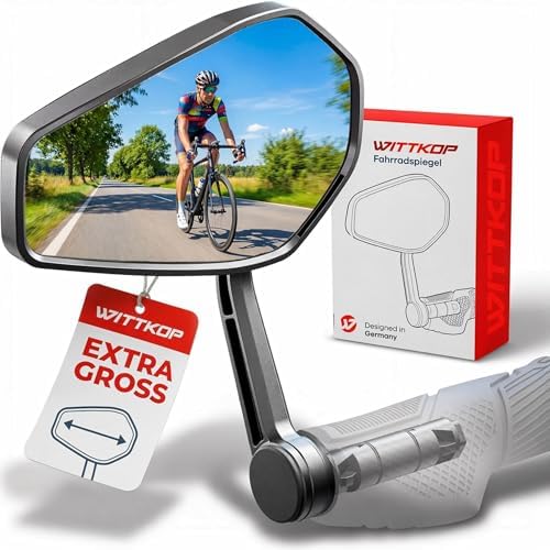 WITTKOP Fahrradspiegel | Großes HD Sichtfeld | 360° Dreh- & Einklappbar | Montage Ober- & Unterhalb | Bruchfest & Langlebig | Konvexer Rückspiegel für Fahrrad, E-Bike (Montage am L