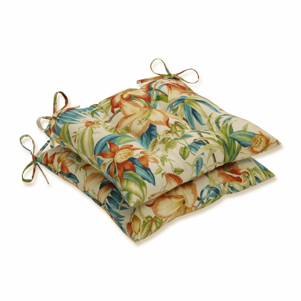 Pillow Perfect Tropic Floral Indoor/Outdoor Chair Seat Cushion with Ties, Tufted, Weather, and Fade Resistant, 18.5" x 19", Blue/Green Botanical Glow,
