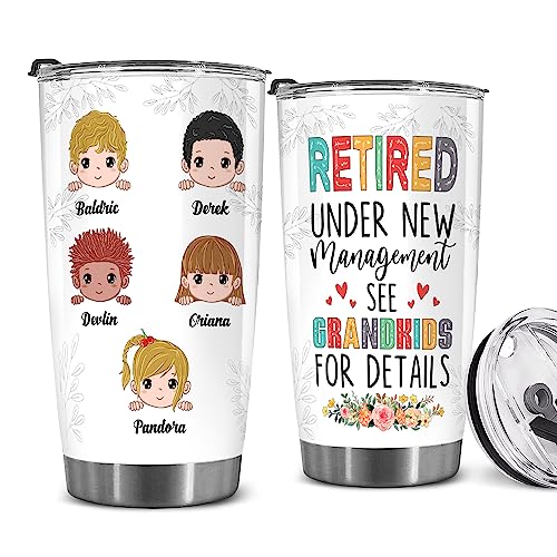 WHIDOBE Personalized Retired Tumbler (5 Kids) Custom Retired Under New Management See Grandkids For Details, Custom Name Tumbler - Funny Retirement Gift For Grandma Women From Grandkids On Mothers Day