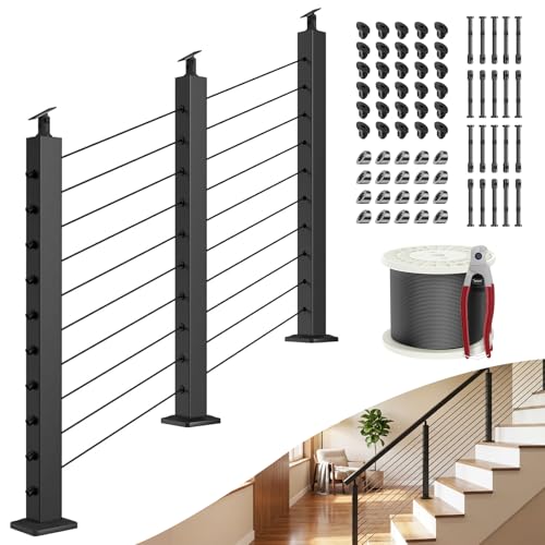 Image of BLIKA 10FT-15FT Complete Set 36 inch Stair Railing Post Kits, Adjustable Angle Line Post (25 to 35), Black Swageless Cable Railing System Include 3 Stair Posts, 200FT 1 /8 inch Stainless Cable(No Handrail)