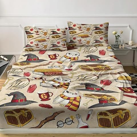 ARIGHTEX Beige Magic Sheets Set Full Treasure Box Wizard Hat Owl Broom Luxury Bed Set 4 Piece Breathable Halloween Christmas Bedding Sheets 1 Flat Sheet, 1 Fitted Sheet and 2 Pillowcases Cover