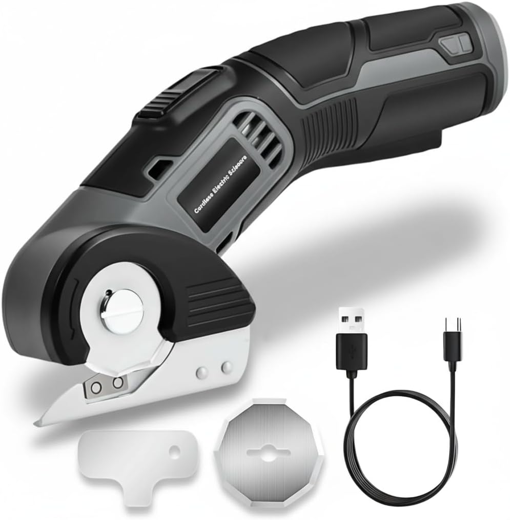 4V Cordless Electric Scissors, Lightweight Rotary Cutter with 2 Blades & USB Charging, for Cardboard Fabric Leather Carpet Plastic Rope Cutting, Safety Lock for Home DIY Craft Use