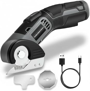 4V Cordless Electric Scissors, Lightweight Rotary Cutter with 2 Blades & USB Charging, for Cardboard Fabric Leather Carpet Plastic Rope Cutting, Safety Lock for Home DIY Craft Use
