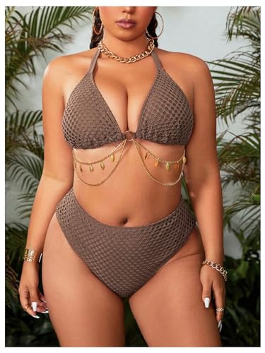 MakeMeChic Women's Plus Size 3 Piece Bikini Sets Halter Triangle Tie Back Ring Hollow Out Swimsuit with Cover Up Skirt4