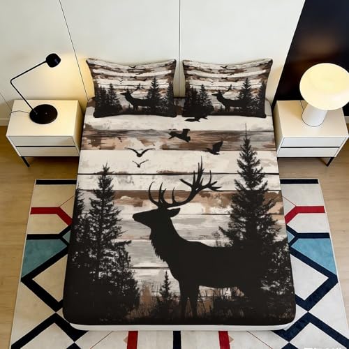 Drap Housse 3D Imprimé Cerf Forêt Microfibre Antidérapant Grande Profondeur Linge de Lit Cerf Forêt Mattress Fitted Cover Lavable 120x200x25cm