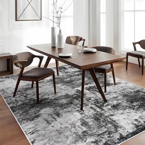 RUUGME 5x7 Abstract Area Rug: Large Washable Living Room Rug Indoor Non Slip Low Pile Carpet for Bedroom Soft Foldable Stain Resistant Distressed Thin Rug for Dining Room Kitchen 5x7 Black A