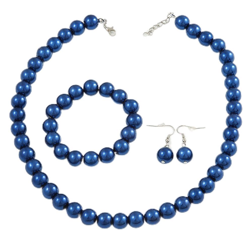 Collar de cuentas de cristal azul de 46 cm largo pulsera adaptable y pendientes juego 8