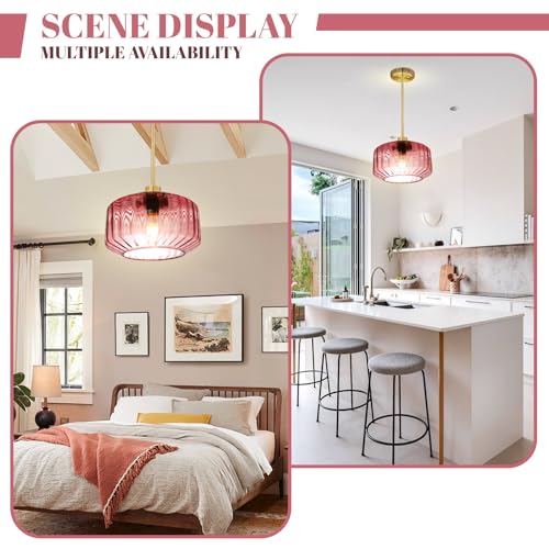 Image of 2-Pack Flush Mount Pendant Light Fixtures Gold Dining Room Light Fixtures with Seeded Purple Glass Shade, 11.02 Inch Industrial Pendant Lamps for Kitchen Island Bar Study Room
