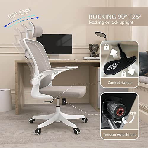 Monhey Ergonomic Office Chair Office Chair With Lumbar Support & Headrest & Flip-Up Arms Height Adjustable Rocking Home Office Desk Chairs Swivel High Back Computer Chair Warm Taupe Mesh Study Chair #TOP7