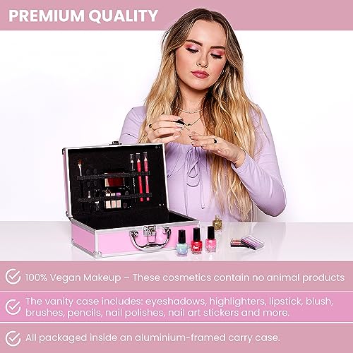 LOVE URBAN BEAUTY Hot Pink Makeup Vanity Case – 82-pcs Vegan Makeup Kit for Teens and Women with Eyeshadow, Blusher, Lipsticks and Nail Products – Fun Travelling Makeup Vanity Case for Girls - Image 6