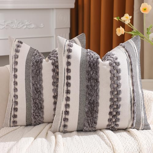 Tosleo Boho Throw Pillow Covers 18x18 Set of 2 Striped Decorative Pillow Cases Accent Chenille Pillowcases Farmhouse Cushion Case Bohemian Nuetral Textured Pillow Cover,Gray