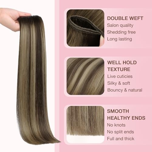 Image of GOO GOO Sew in Hair Extensions Real Human Hair, Weft Hair Extensions Human Hair, 4 /26 /4 Balayage Chocolate Brown to Honey Blonde 14inch 100g, Weft Bundles Straight Silky Remy Hair