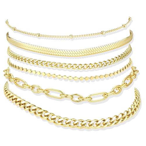 Image of Besteel Ankle Bracelets for Women Waterproof - 14K Gold Plated Non Tarnish Layered Cuban Link Chain Rope Figaro Herringbone Anklets Set Plus Size Anklet Summer Foot Jewelry Gift Adjustable 8-12 Inch