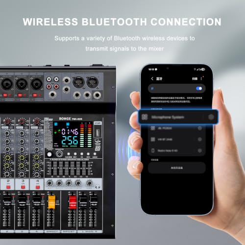 Image of BOMGE 4-Channel Audio Interface Mixer with 256 DSP, Bluetooth 48V Phantom Power, 2x350W Amplifier (4 Ohm) for Studio Recording, DJ Mixing, Karaoke, Concert Party & Streaming