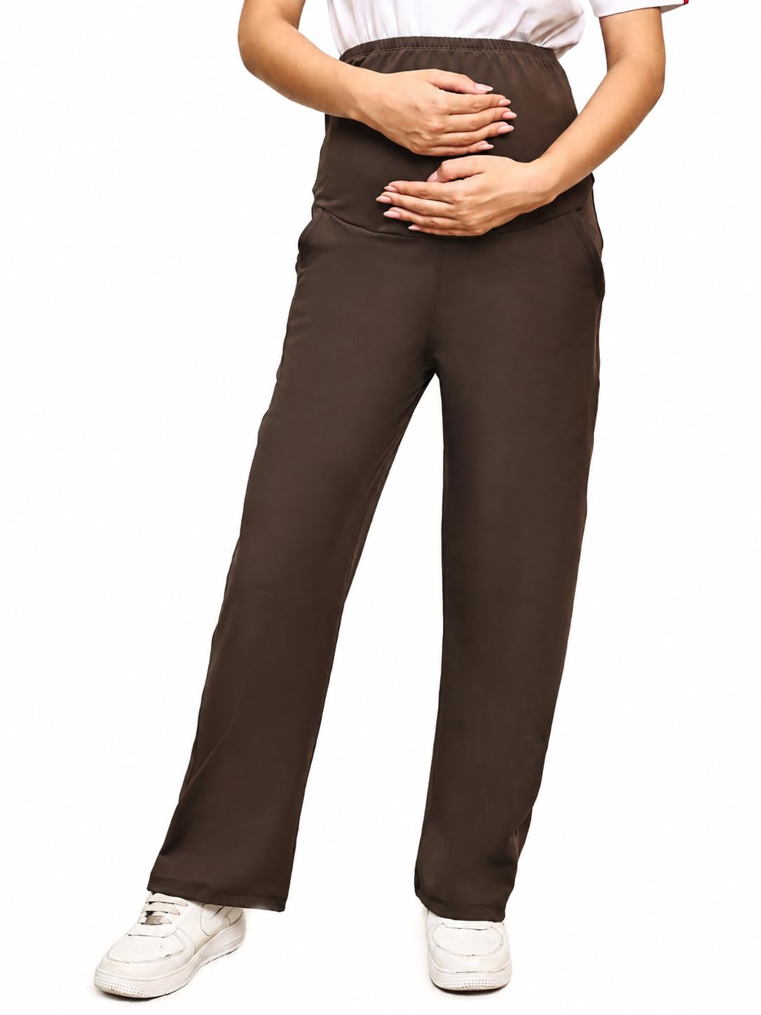 Maternity Track Pant, Brown, Striaght Fit, High Waist, Elastic Waistband, with Pockets-image-15