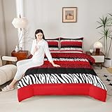 Leopard Print Kids Comforter Set Queen Size,Zebra Skin Rustic Bedding Set,Girls Boys Adults Room Decor,Abstract Animals Skin Stripes Down Comforter,Red Black Fashion ​Duvet Insert,2 Pillowcases