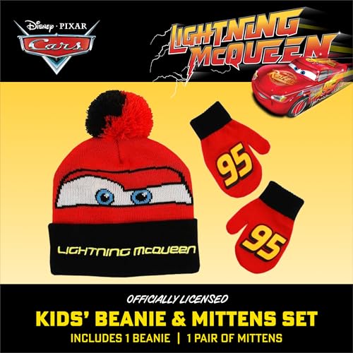 Image of Disney Boys' Winter Hat and Mitten Set, Cars Lightning Mcqueen Toddler Beanie for Ages 2-4