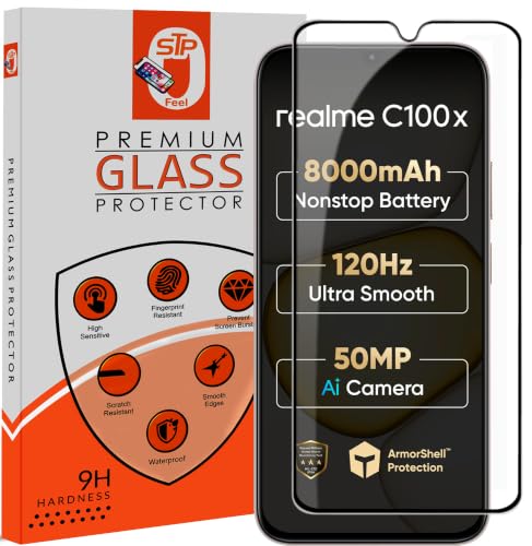 Image of STP FEEL Premium HD+ Tempered Glass Screen Protector Guard Compatible For Realme C100X 5G (6.8 Inch, Pack of 1) | Edge to Edge Coverage With Easy to installation kit for Smartphone