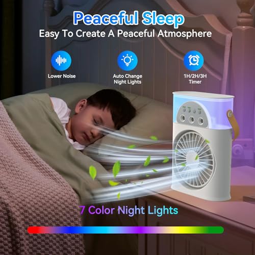 Portable Air Conditioner Cooling Fan, Rechargeable Mini Evaporative Personal Air Cooler Fan with 3 Speeds and 2 Spray, 1/2/3H Timer, 7 Night Light, for Room Bedroom, Office, Desk image 3
