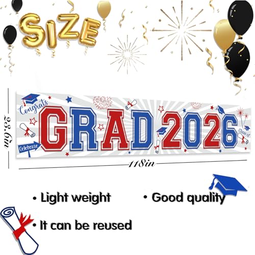 Image of Red Blue Graduation Decorations Class of 2026 Yard Sign Banner Large Red White and Blue Congrats Grad Banner Yard Sign for Graduation Party Supplies
