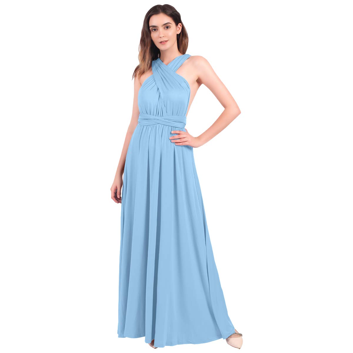Womens Sexy Convertible Multi Way Wrap Floor Length Dress Transformer Infinity Plain Color Off Shoulder Wedding Bridesmaid Evening Cocktail Long Maxi Dress Bandage Pageant Ball Prom Gown Light Blue M