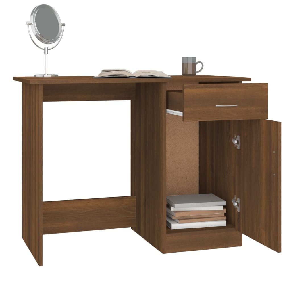 Scrivania marrone effetto rovere, 100 x 50 x 76 cm, con cassetto e porta, per ufficio, casa e ufficio, postazione di lavoro salvaspazio, per laptop e PC