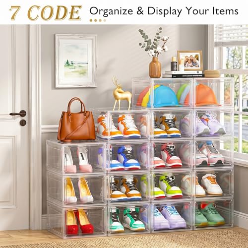 Image of 7 code Shoe Organizer, Clear Thickened Stackable Shoe Boxes with Magnetic Door, Collapsible Closet Storage Rack for Sneakers & Boots, 6 Pack White, Virgin Material, Not Recycled Plastic for Household