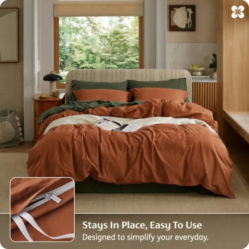 Image of Bedsure PureWoven 100% Washed Cotton Duvet Cover Set, King Size, 3-PC | Linen Like Texture, Percale Breathable Bedding Set for All Seasons, Zipper Closure, 8 Corner Ties, Burnt Orange, 104 inch x 90 inch