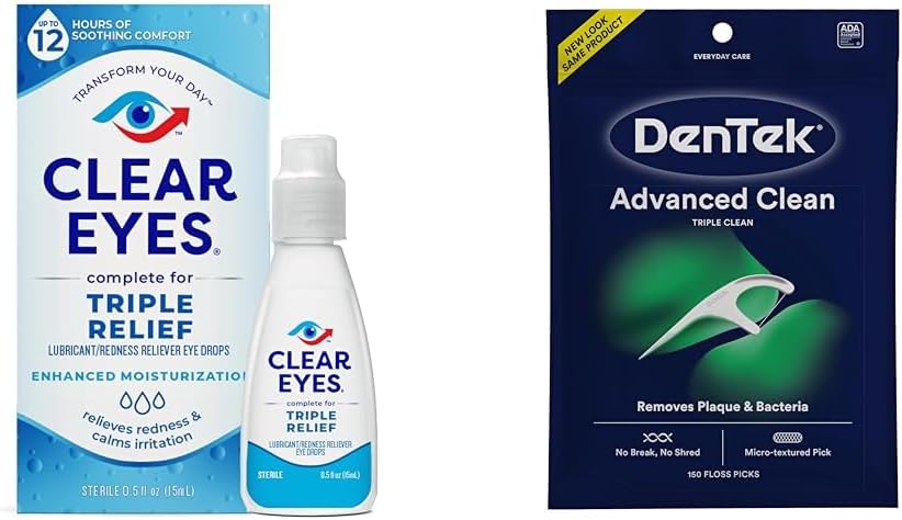 Triple Relief Eye Drops, 0.5 Fl Oz & DenTek Triple Clean Advanced Clean Floss Picks, 150 Count