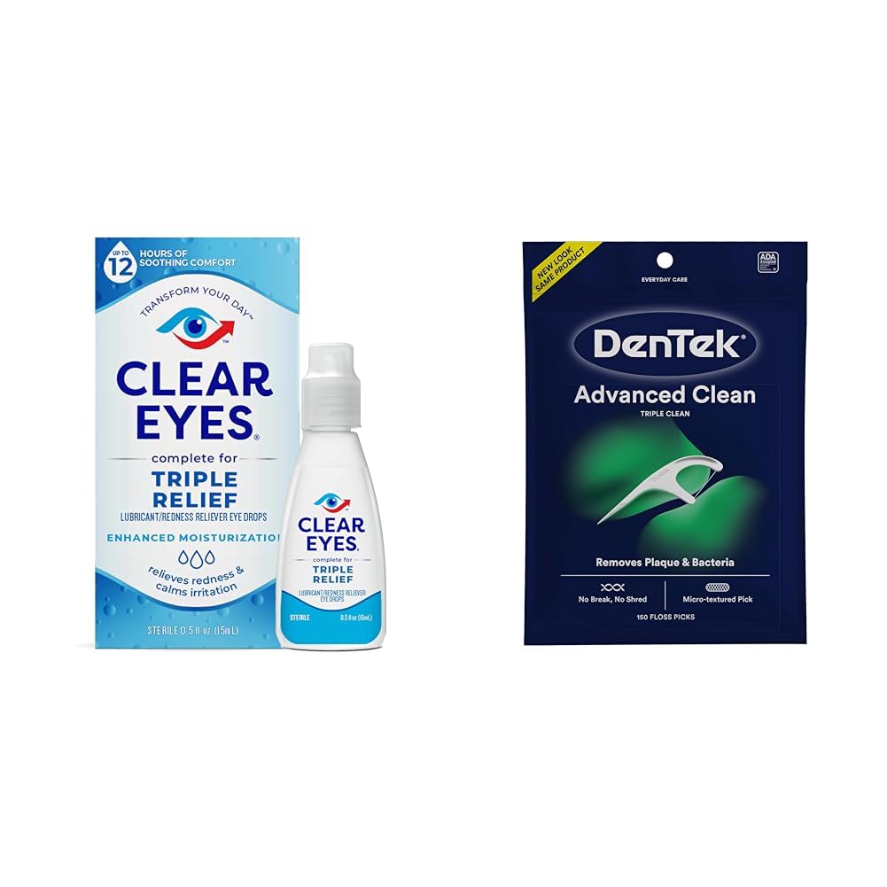 Clear EyesTriple Relief Eye Drops, 0.5 Fl Oz & DenTek Triple Clean Advanced Clean Floss Picks, 150 Count