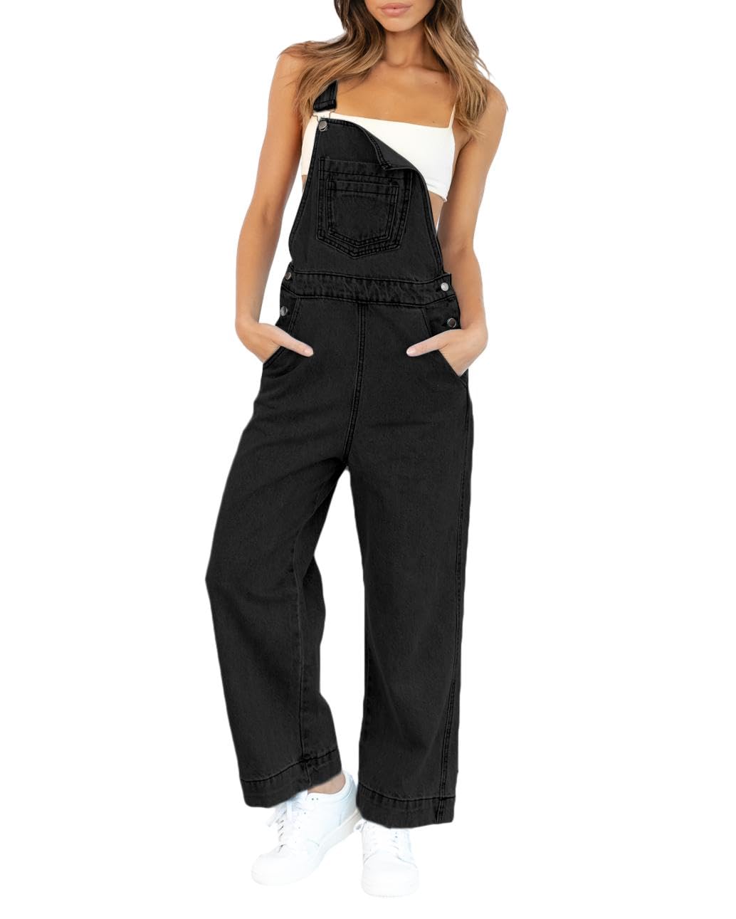 imesrunWomens Jean Bib Overalls Adjustable Casual One Piece Jumpsuits Revolt Juniors Stretch Wide Leg Loose Denim Pants