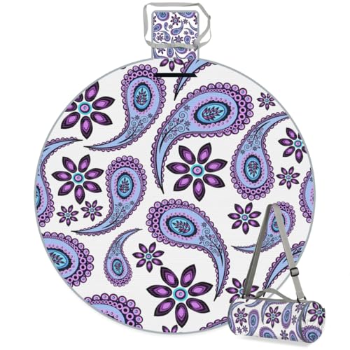 Shimoshe Abstract Paisley Floral Picnic Outdoor Blanket Foldable Waterproof Sandproof Beach Blanket Portable Water-Resistant Round Picnic Mat for Travel Camping Park Lawn
