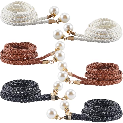 CRASPIRE 6Pcs Skinny Waist Belt for Women 54.37 Inch Black White Brown Adjustable Tie PU Leather Pearl Girdle Braided Chain Belts Thin Woven Chains Belt Rope Boho Fringe Belt for Skirt Dress
