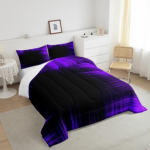 Image of Feelyou Abstract Ombre Bedding Set King, Purple and Black Comforter for Kids Boys Girls Geometric Artistic Smear Comforter Set Stripes Duvet Set 3Pcs