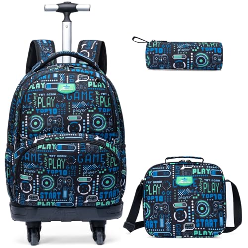 Egchescebo Mochila Escolar Infantil com Rodinhas para Menino Crianças Rodas Bolsa Mala Carrinho 17” 3PCS Rodinha de Rolagem Giratória Lancheira Juvenil Estojo Costas Divertidamente Gamepad Azul