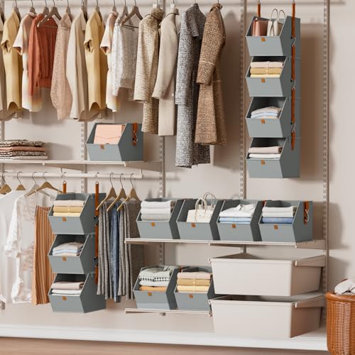 Hanging Closet Organizer 4 Tier - Clothes Hanging Shelves, Space-Saving Closet System, Fabric Storage Bins Bedroom Organization, Collapsible Baskets for Home, Dorm, Rv, Grey, 2 Pack - Image 3