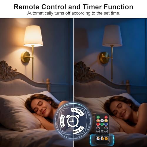 Image of Wall Sconces Set of Two, Battery Operated Rechargeable Wireless Sconces Wall Decor with Remote, RGB Dimmable Wall Lamp for Bedroom Living Room Hallway (Gold)