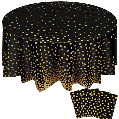 Newwiee 4 Pcs Round Dot Tablecloth 84 Inch Plastic Polka Dot Table Cover Disposable Confetti Tablecloths for Grad Wedding Bridal Shower Birthday Spring Graduate Party Decor (Black,Gold) by Newwiee - Used condition - US$8.90