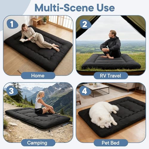 XICEN Japanese Floor Mattress, Futon Mattress with Portable Storage Bag and Washable Cover, Roll Up Thick Tatami Mat Suitable for Camping, Guest Room (Black)