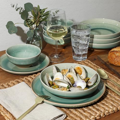 Image of Gibson Elite Hailstone 16 Piece Stoneware Reactive Glaze (Service for 4) Ceramic Plates and Bowls Dinnerware Set - Tropical Green