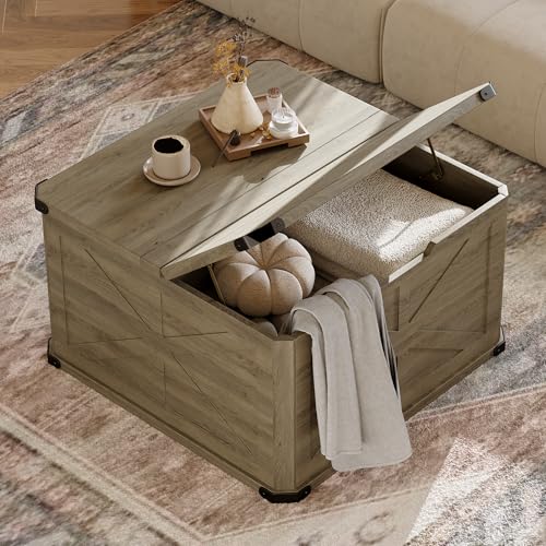 YIGOBUY Farmhouse Coffee Table with Hidden Storage Modern Square Center Table Large Wood Living Room...