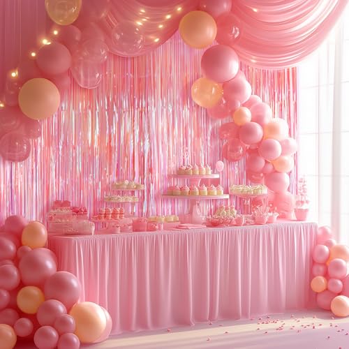 2 Pack Pink Iridescent Streamers Backdrop, 3.3x6.6ft Foil Fringe Curtains Holographic Door Tinsel Streamers for Birthday, Wedding, Holiday, Bachelorette, Baby Shower Theme Party Decorations by Just Shimmer - Used condition - Image 5
