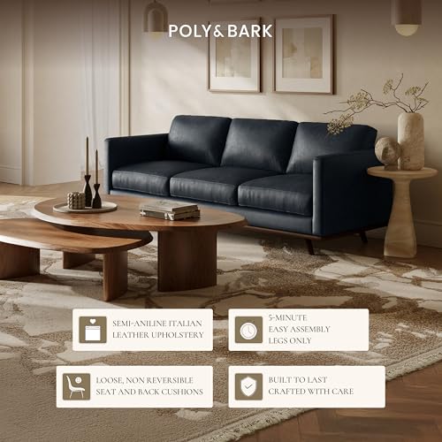 Image of Poly & Bark Nolita 85 inch Leather Sofa - Full-Grain Italian Aniline Leather, Feather-Down Comfort, Solid Wood Base - Nightfall Blue